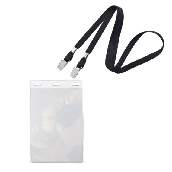 Verticale badgehouder A6 formaat met zwarte lanyard (100 stuks)