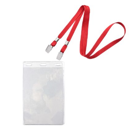 Unieke aanbieding van deze vinyl badgehouder samen met een rode lanyard met dubbele krokodil-clips als set voor het dragen van een A6 formaat kaarten.